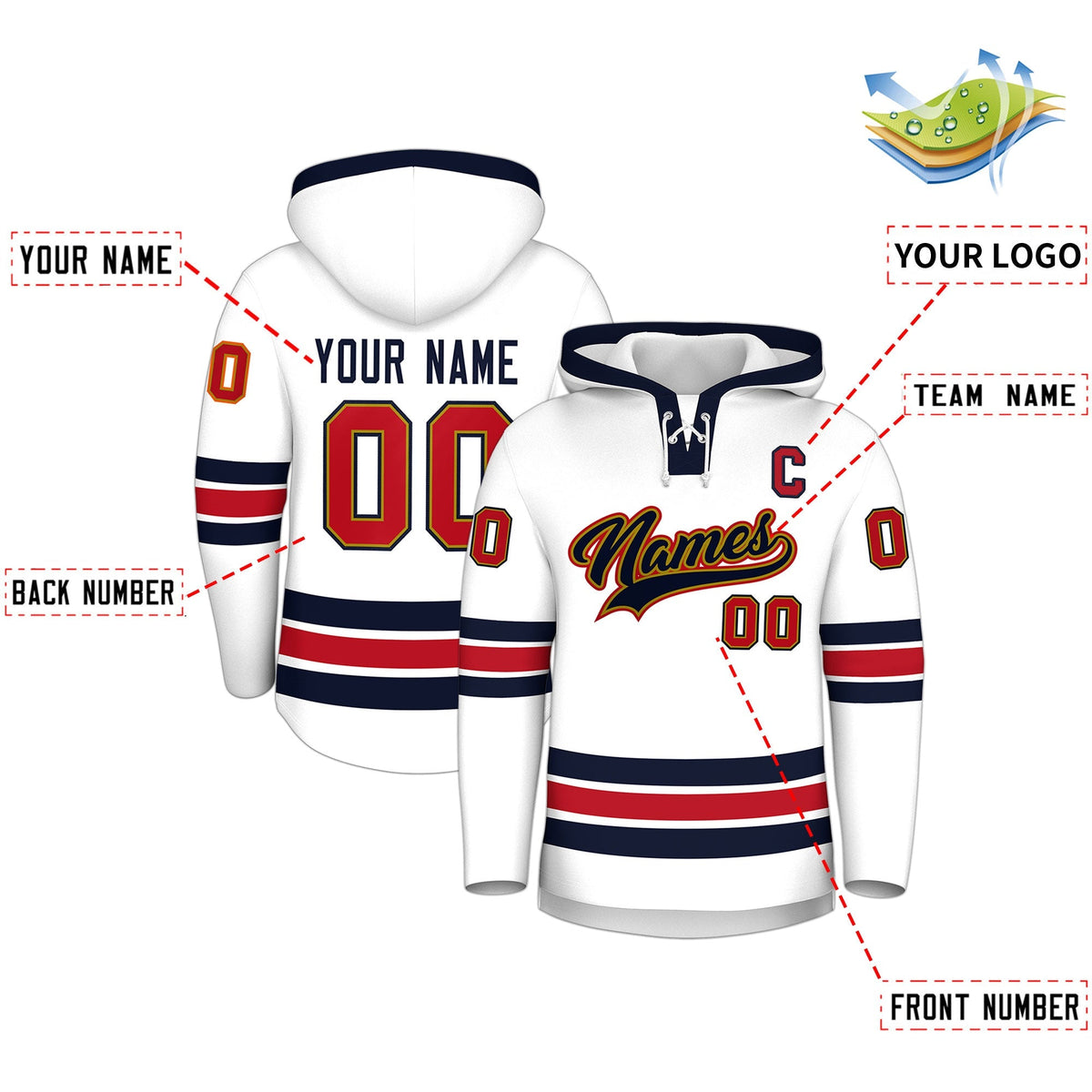 Custom Hockey Hoodie Jersey White Navy Classic Style Add Name,Number&amp;Logo
