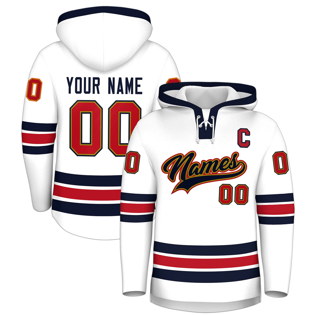 Custom Hockey Hoodie Jersey White Navy Classic Style Add Name,Number&amp;Logo