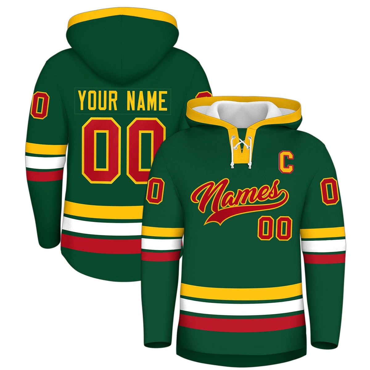Custom Hockey Hoodie Jersey Dark Green Gold Classic Style Add Name,Number&amp;Logo