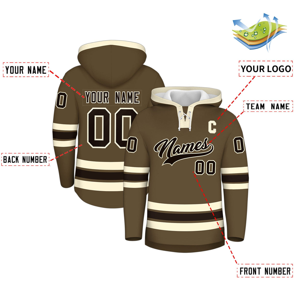 Custom Hockey Hoodie Jersey Light Brown Cream Classic Style Add Name,Number&amp;Logo