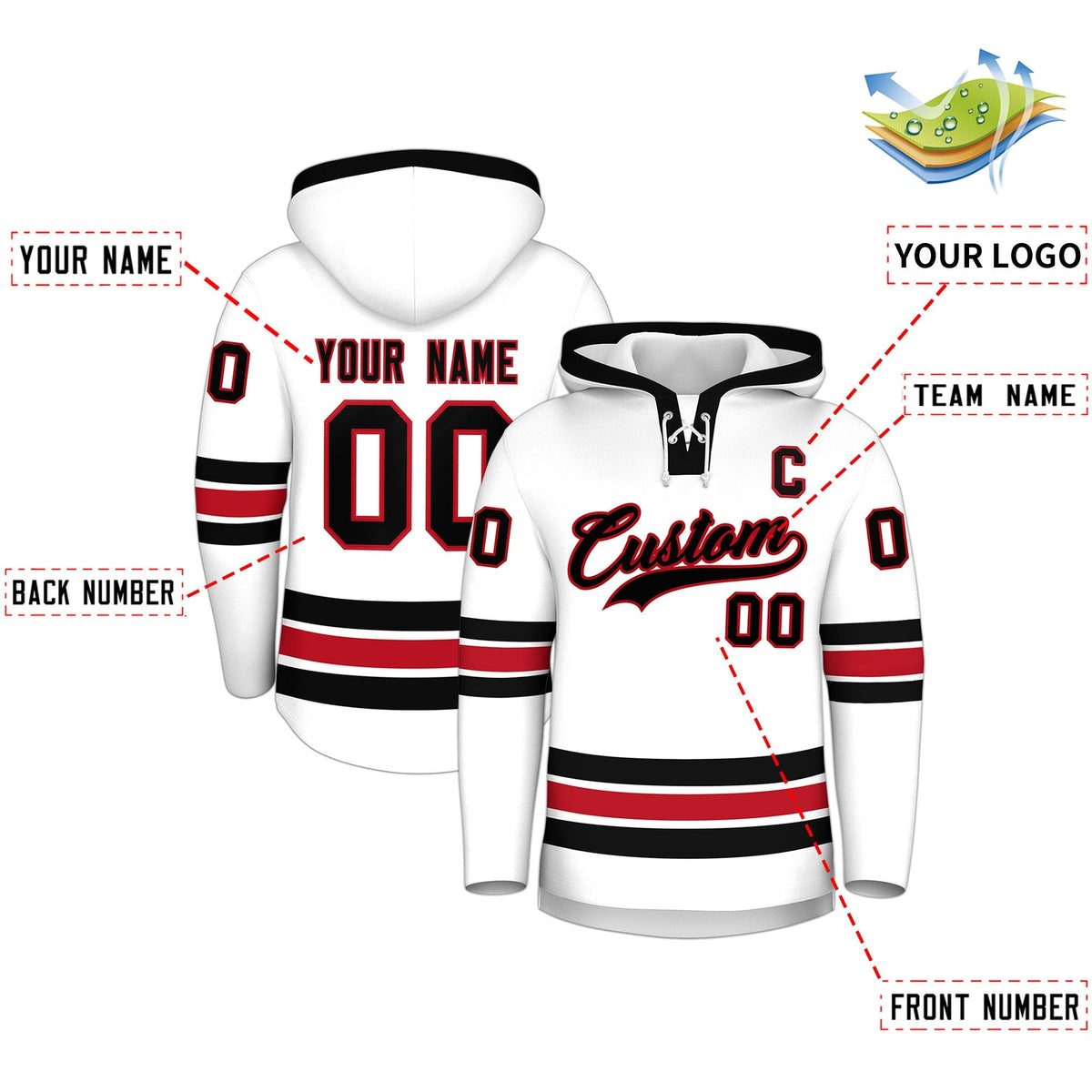 Custom Hockey Hoodie Jersey White Black Classic Style Add Name,Number&amp;Logo
