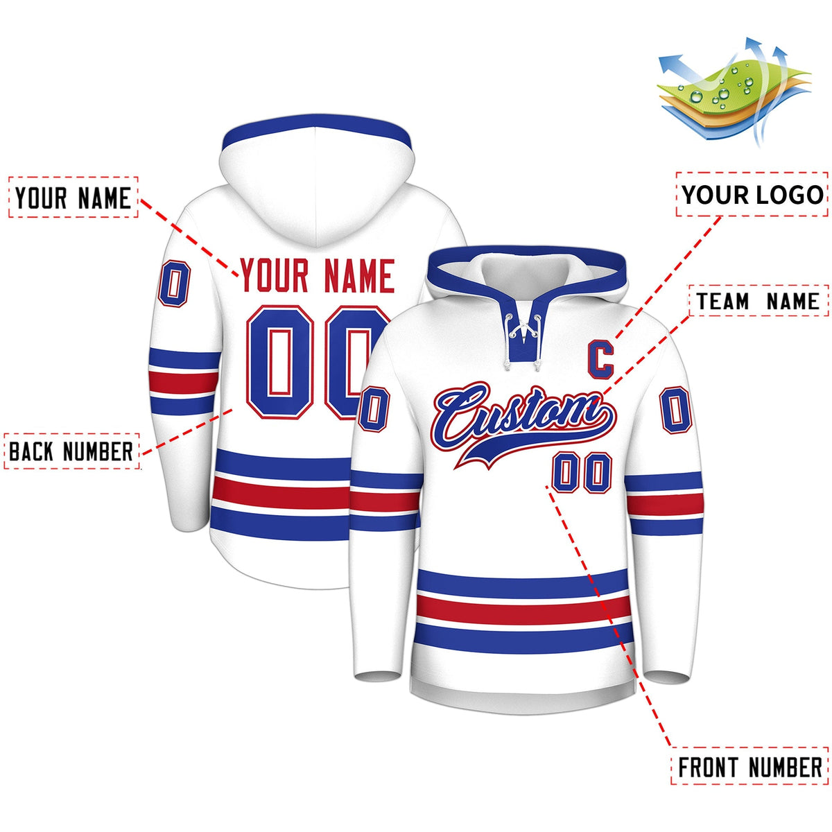 Custom Hockey Hoodie Jersey White Royal Blue Classic Style for Men&amp;Youth
