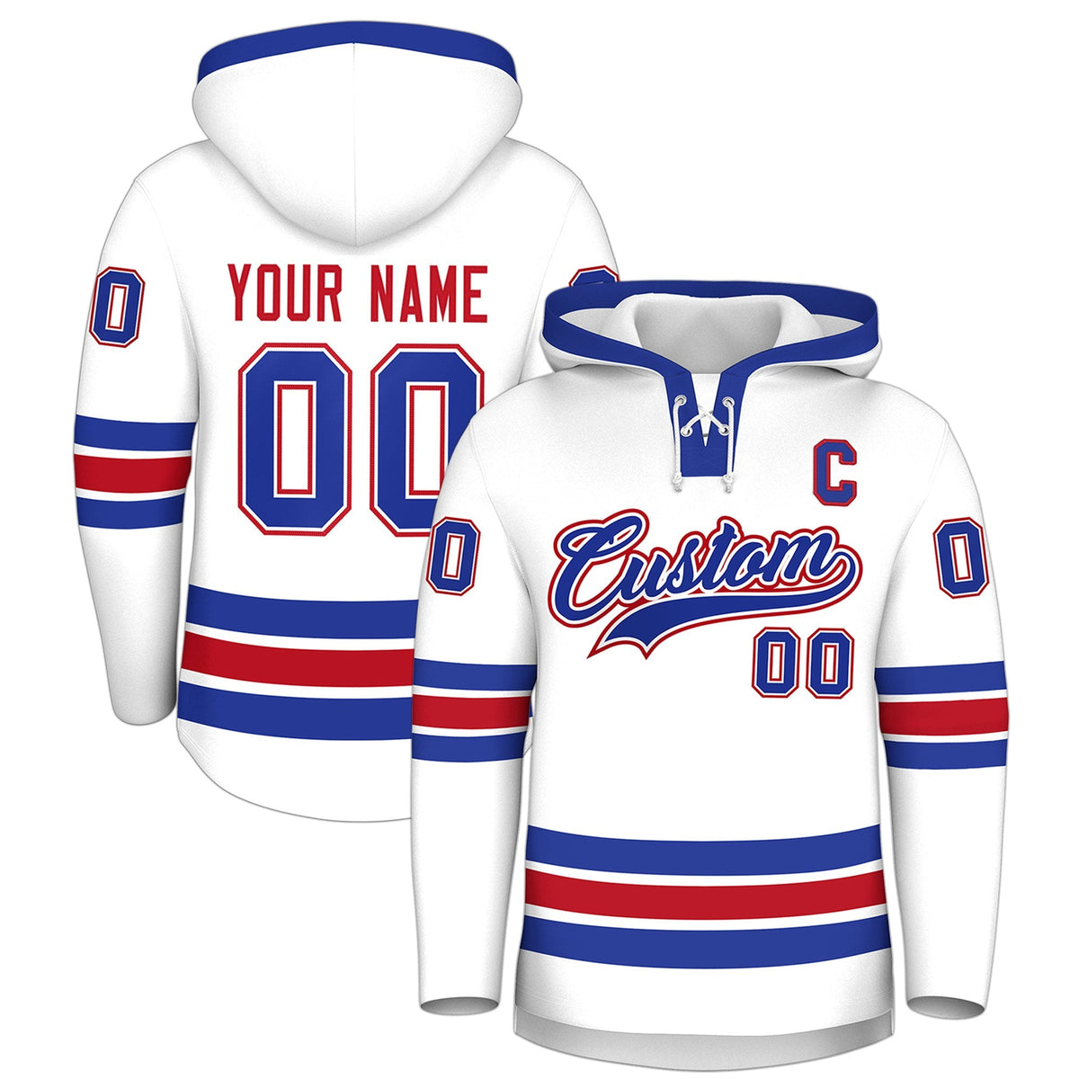 Custom Hockey Hoodie Jersey White Royal Blue Classic Style for Men&amp;Youth