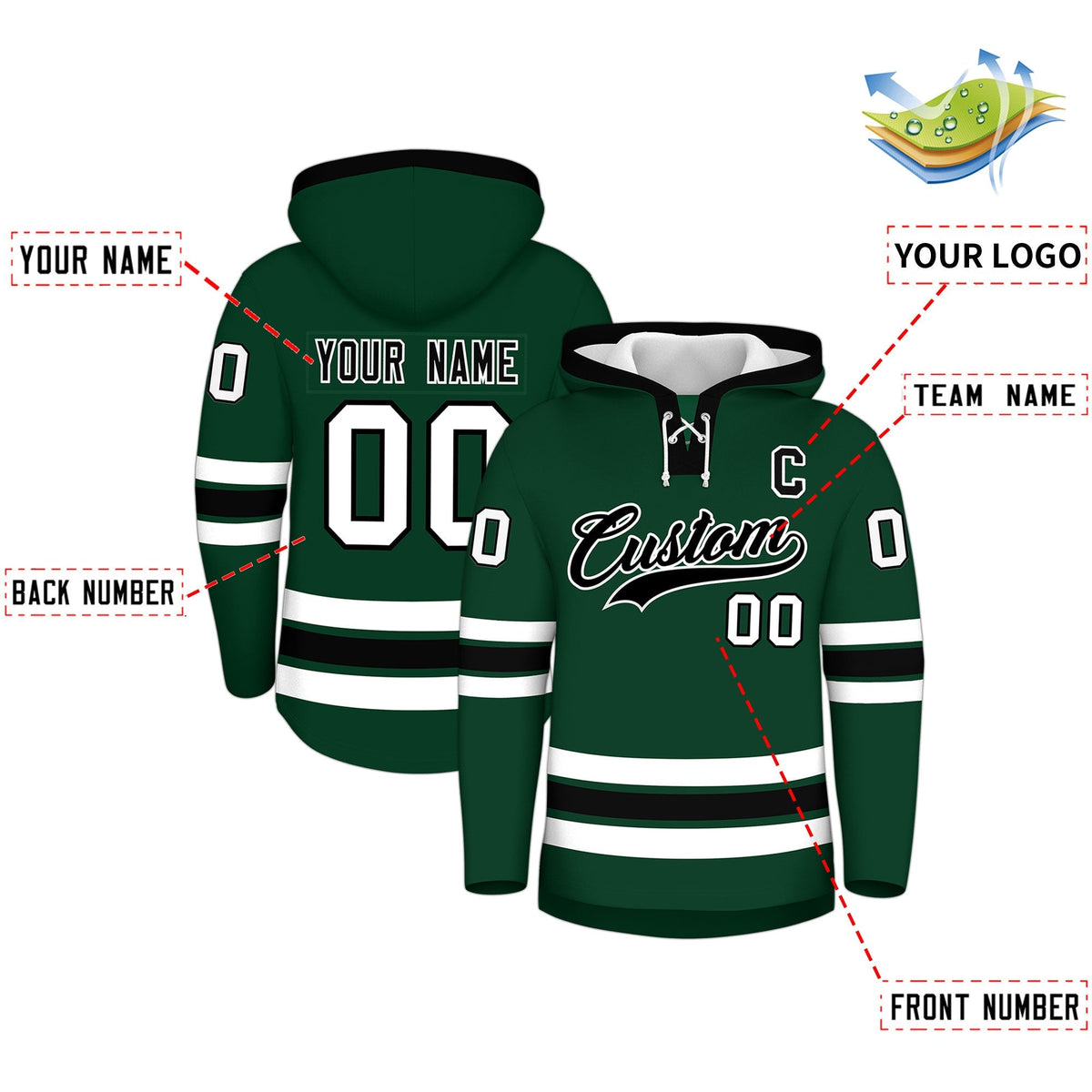 Custom Hockey Hoodie Jersey Dark Green Black Classic Style for Men&amp;Youth