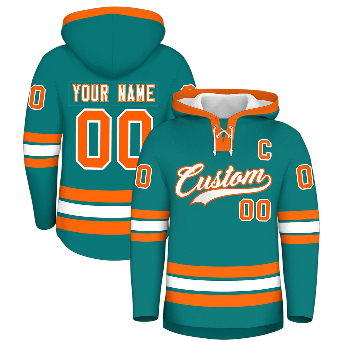 Custom Hockey Hoodie Jersey Teal Orange Classic Style Add Name,Number&amp;Logo