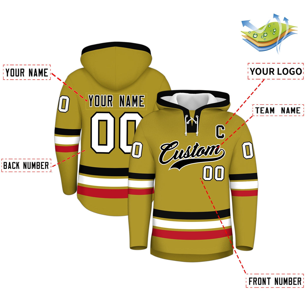 Custom Hockey Hoodie Jersey Old Gold Black Classic Style for Men&amp;Youth