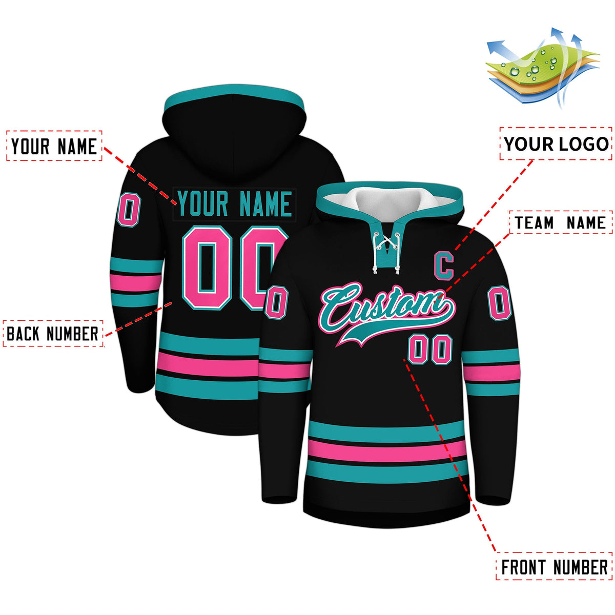Custom Hockey Hoodie Jersey Black Aqua Classic Style Add Name,Number&amp;Logo