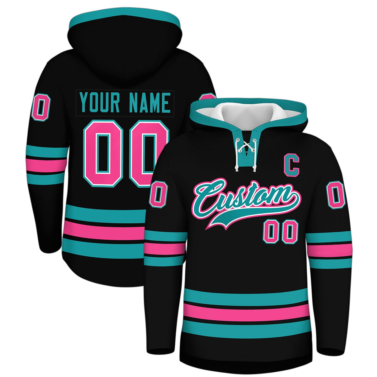 Custom Hockey Hoodie Jersey Black Aqua Classic Style Add Name,Number&amp;Logo