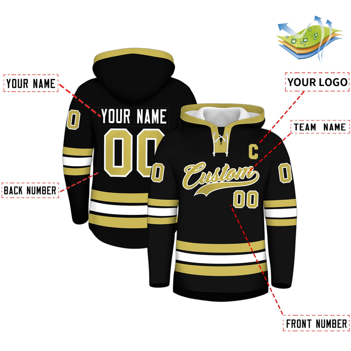 Custom Hockey Hoodie Jersey Black Old Gold Classic Style for Men&amp;Youth