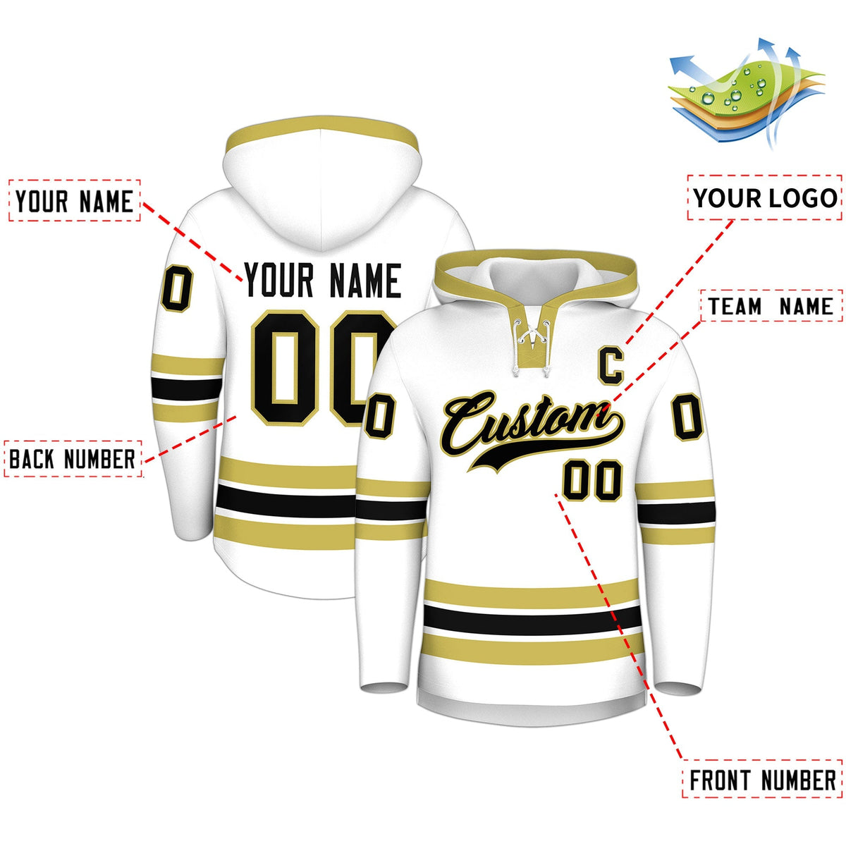 Custom Hockey Hoodie Jersey White Old Gold Classic Style Add Name,Number&amp;Logo