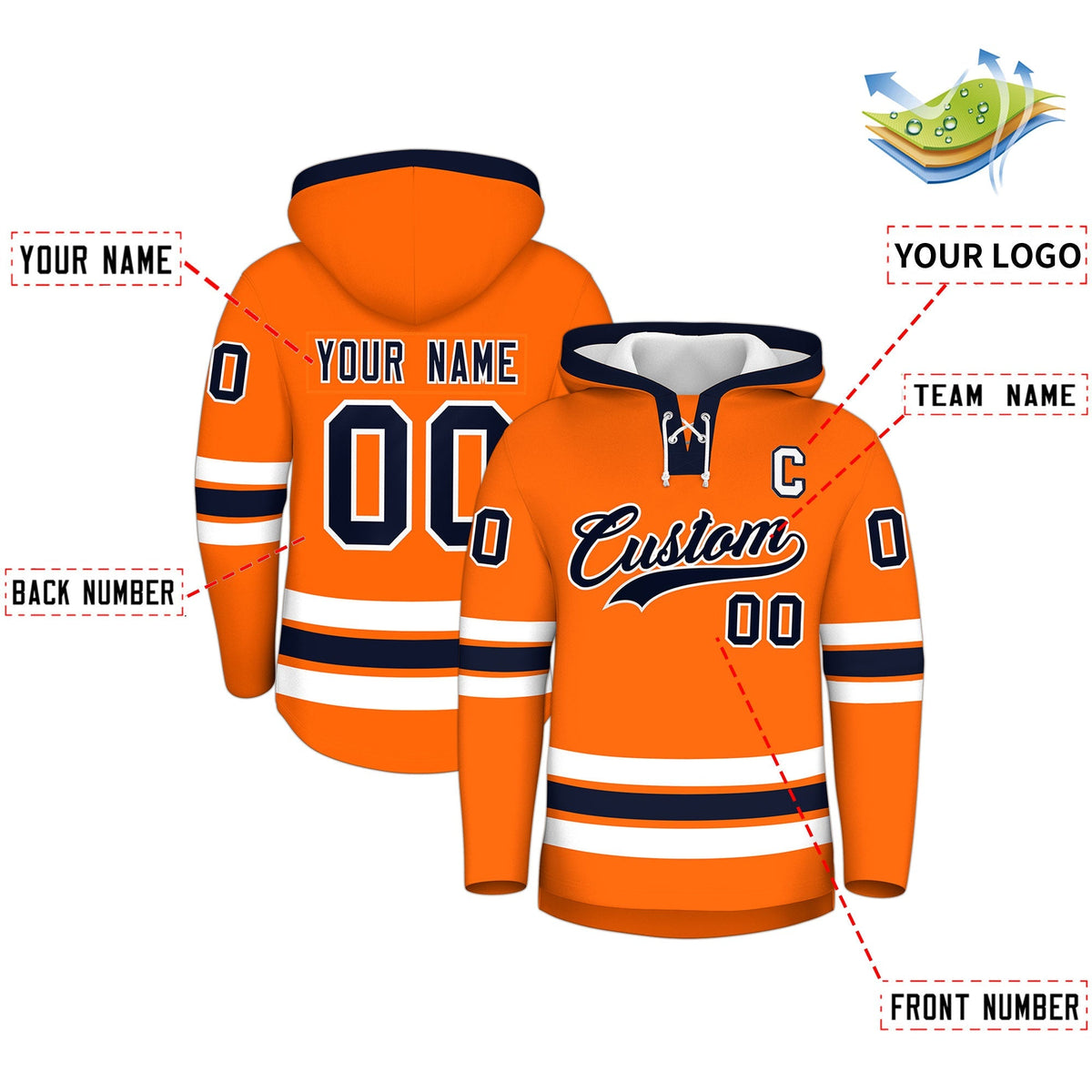 Custom Hockey Hoodie Jersey Orange Navy Classic Style Add Name,Number&amp;Logo