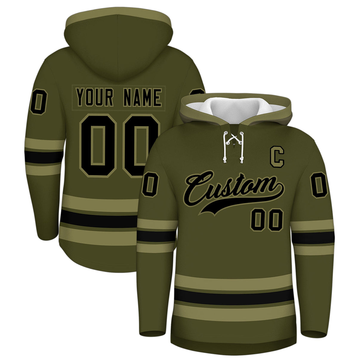 Custom Hockey Hoodie Jersey Olive Black Classic Style Add Name,Number&amp;Logo