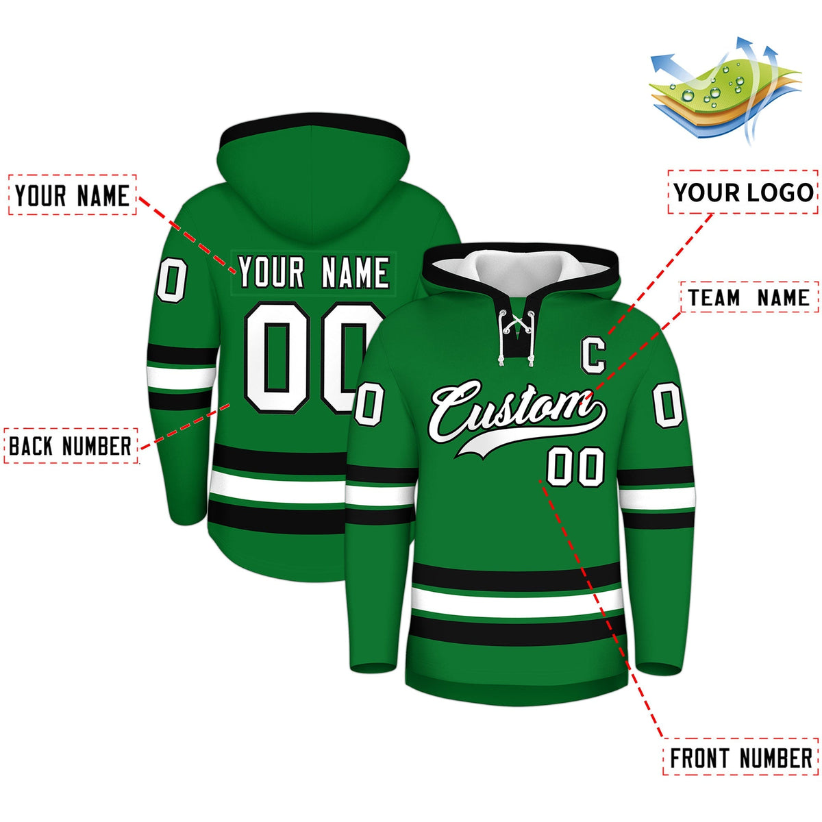 Custom Hockey Hoodie Jersey Kelly Green Black Classic Style for Men&amp;Youth