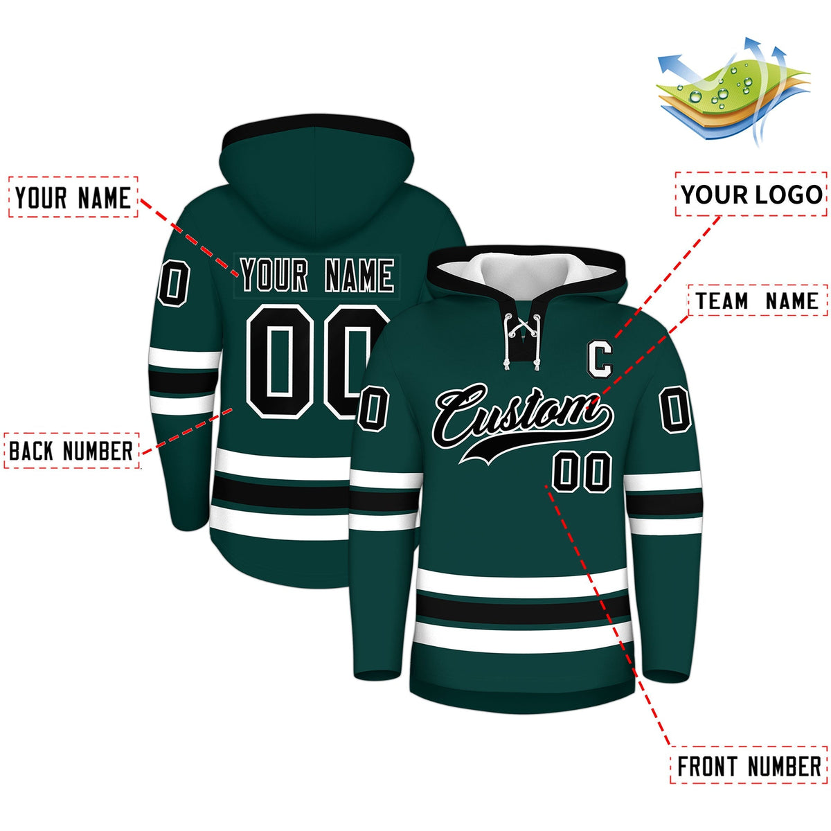 Custom Hockey Hoodie Jersey Midnight Green Black Classic Style Add Name,Number&amp;Logo