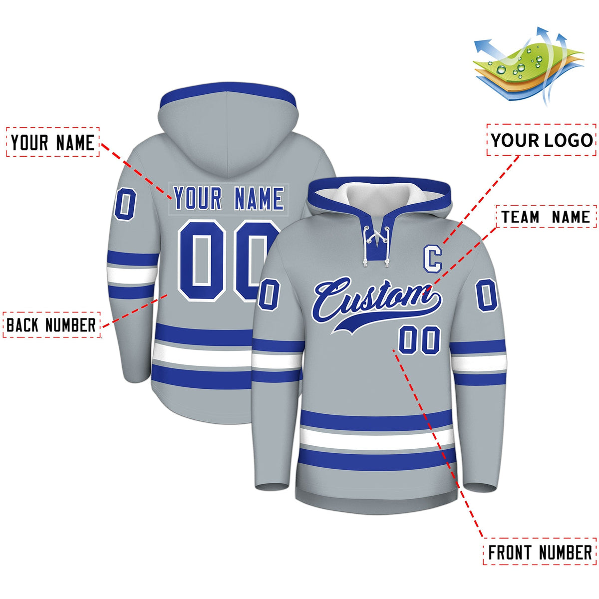 Custom Hockey Hoodie Jersey Silver Royal Blue Classic Style Add Name,Number&amp;Logo
