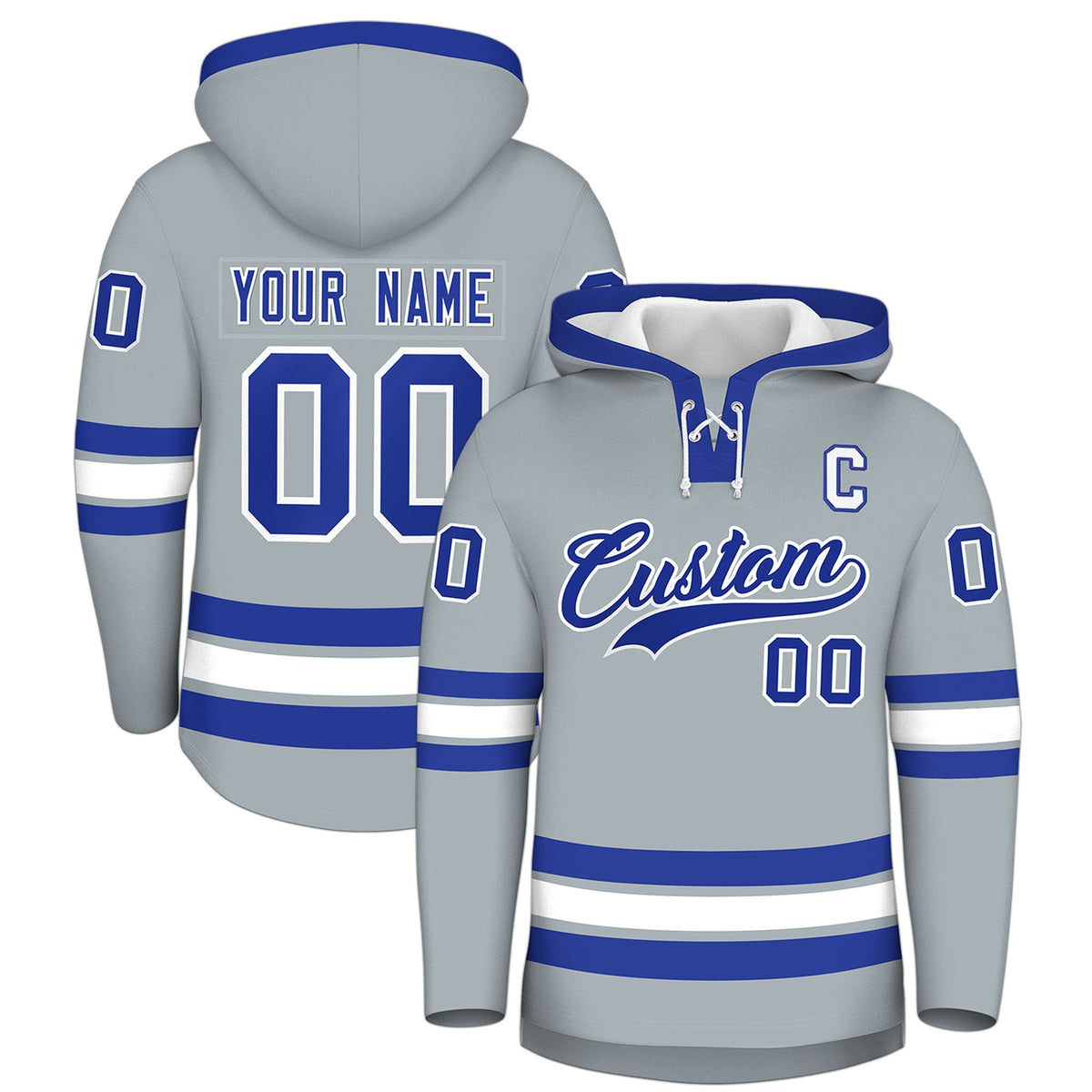 Custom Hockey Hoodie Jersey Silver Royal Blue Classic Style Add Name,Number&amp;Logo