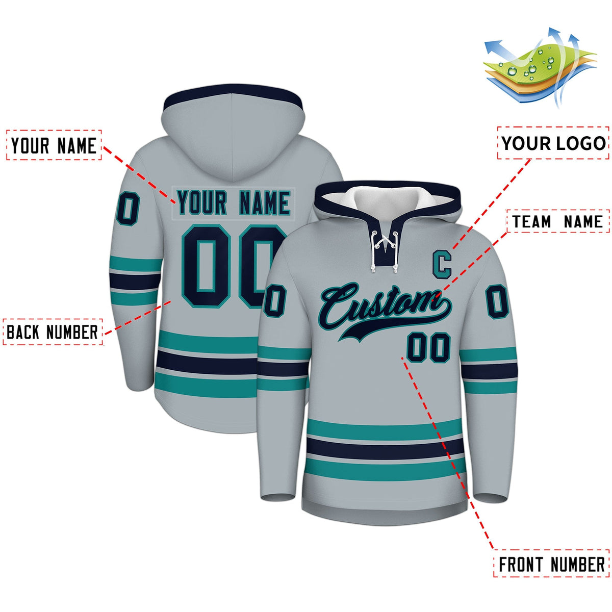 Custom Hockey Hoodie Jersey Silver Navy Classic Style for Men&amp;Youth