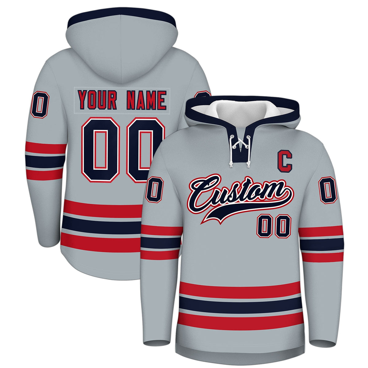 Custom Hockey Hoodie Jersey Silver Navy Classic Style Add Name,Number&amp;Logo