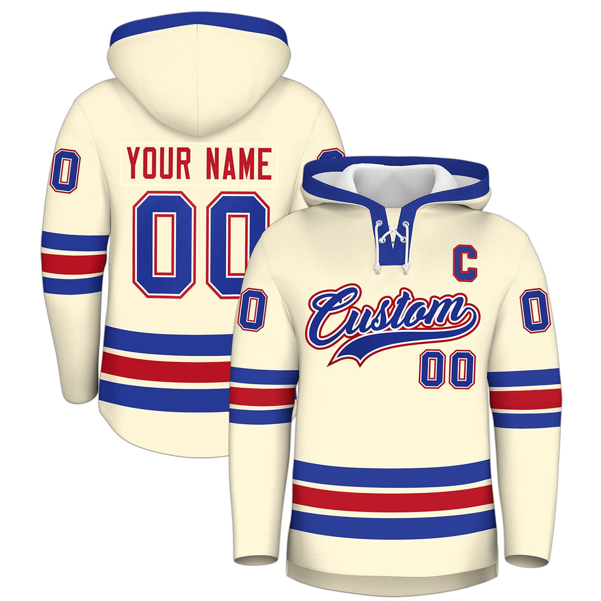 Custom Hockey Hoodie Jersey Cream Royal Blue Classic Style Add Name,Number&amp;Logo