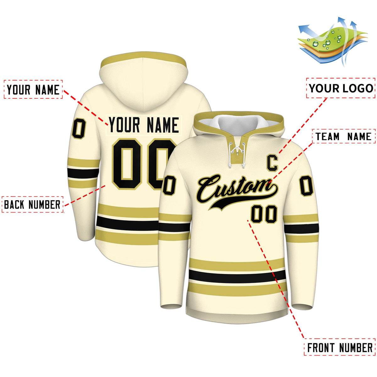 Custom Hockey Hoodie Jersey Cream Old Gold Classic Style for Men&amp;Youth