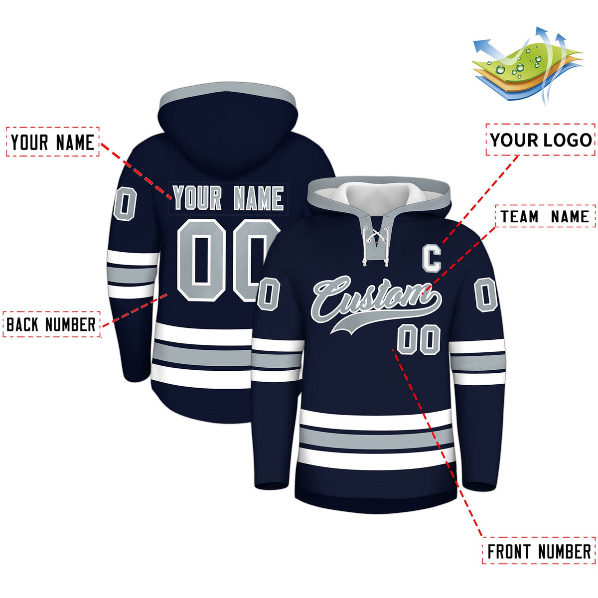 Custom Hockey Hoodie Jersey Navy Silver Classic Style Add Name,Number&amp;Logo