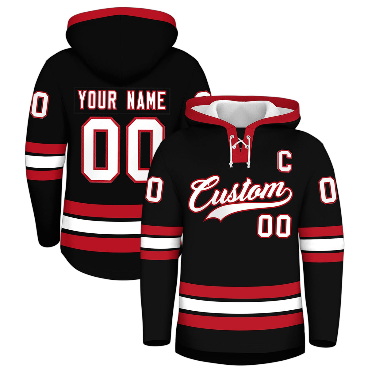 Custom Hockey Hoodie Jersey Black Red Classic Style Add Name,Number&amp;Logo