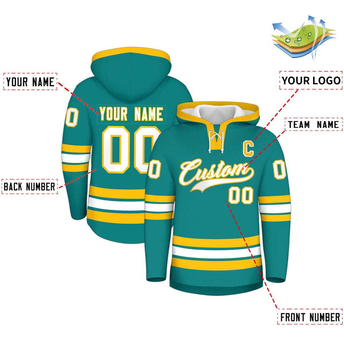 Custom Hockey Hoodie Jersey Teal Gold Classic Style Add Name,Number&amp;Logo