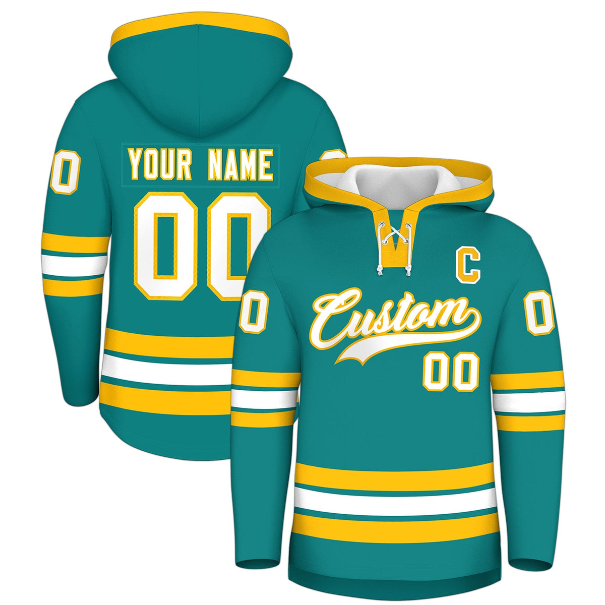 Custom Hockey Hoodie Jersey Teal Gold Classic Style Add Name,Number&amp;Logo