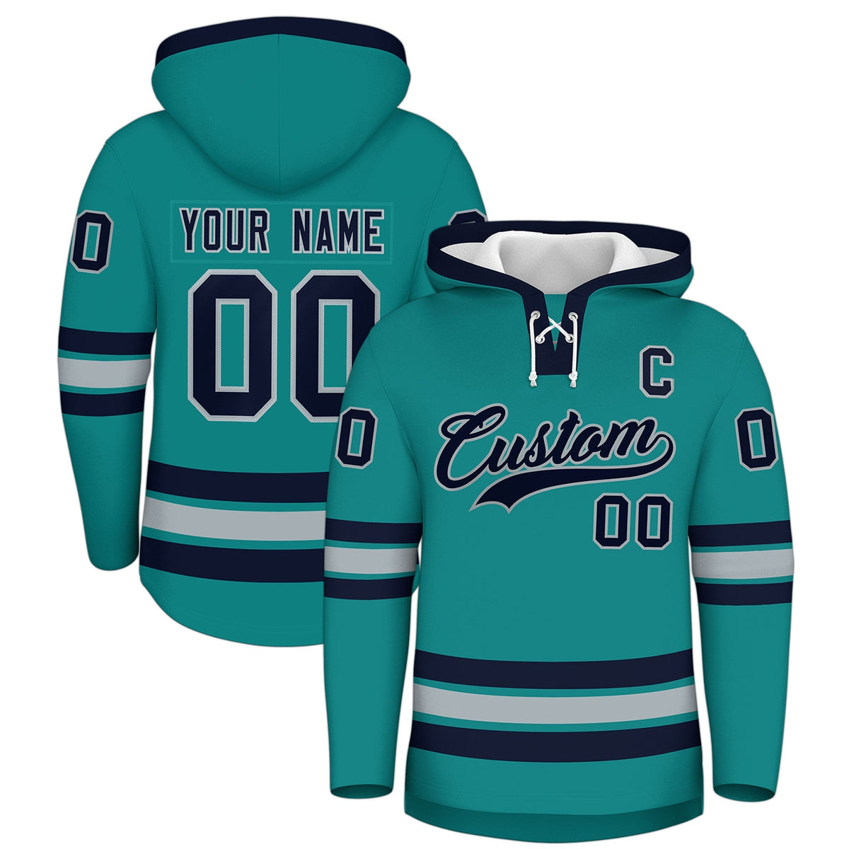 Custom Hockey Hoodie Jersey Teal Navy Classic Style Add Name,Number&amp;Logo