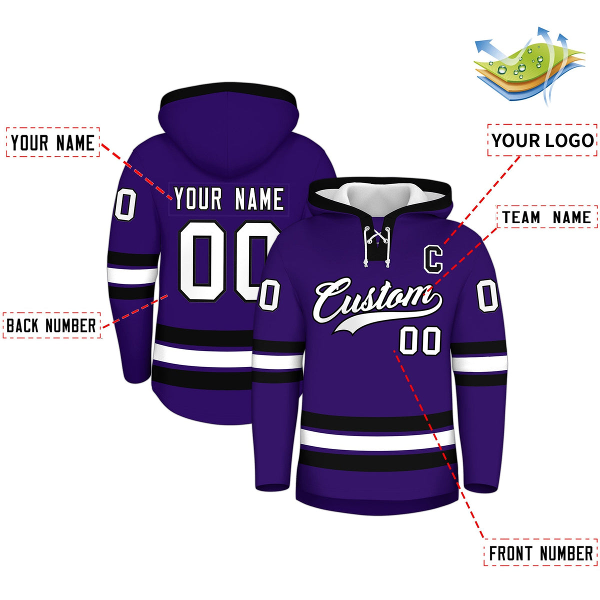 Custom Hockey Hoodie Jersey Purple Black Classic Style Add Name,Number&amp;Logo
