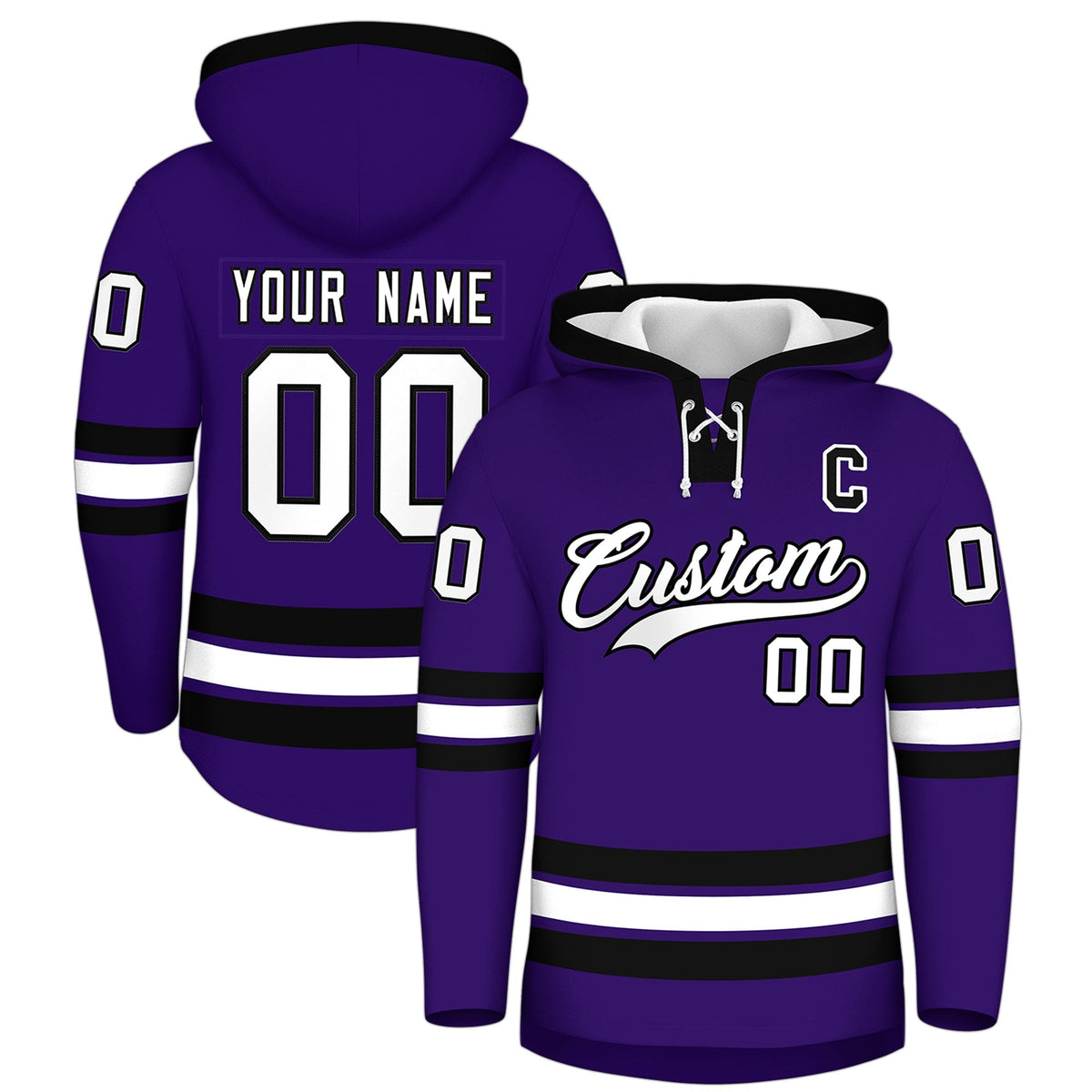 Custom Hockey Hoodie Jersey Purple Black Classic Style Add Name,Number&amp;Logo