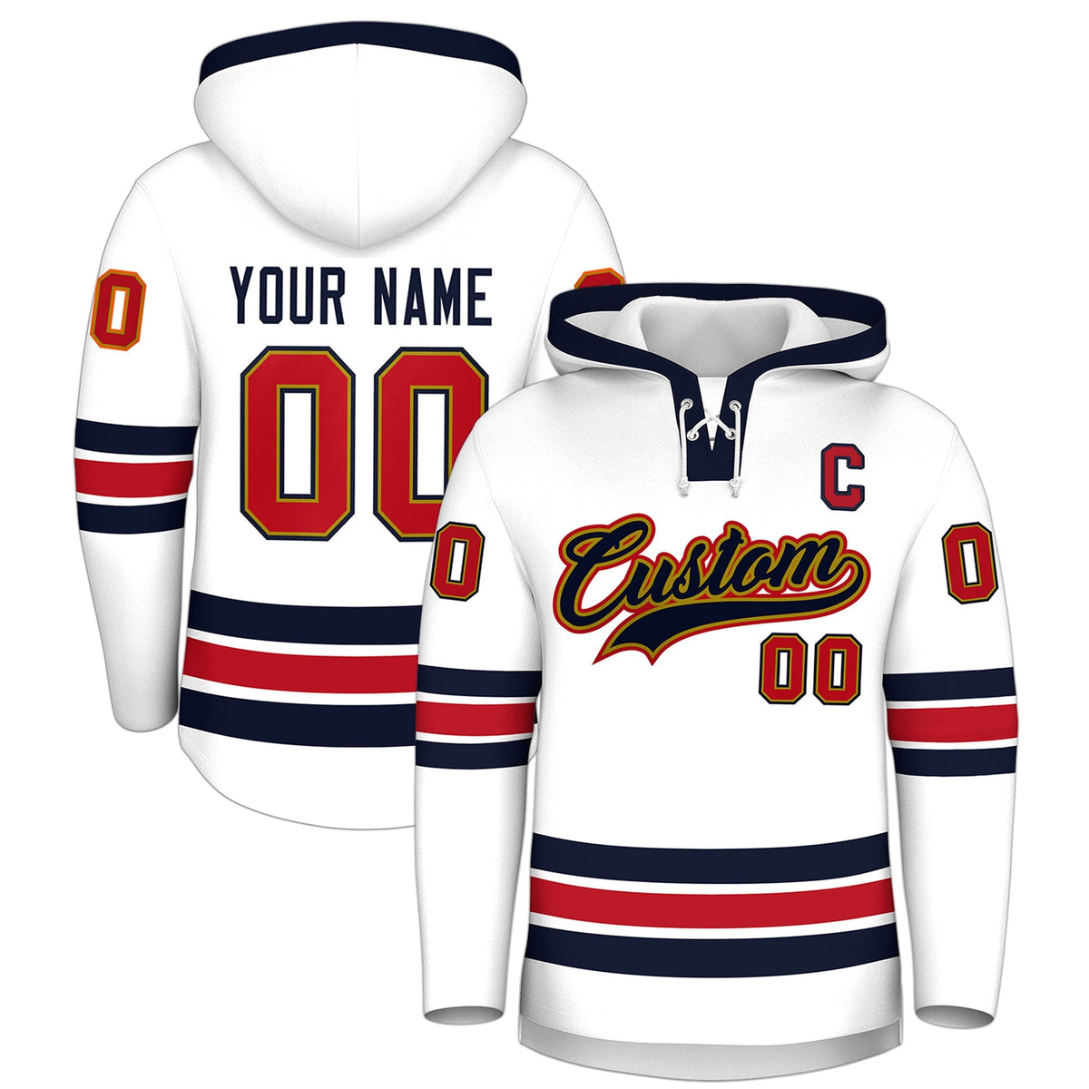 Custom Hockey Hoodie Jersey White Navy Classic Style Add Name,Number&amp;Logo