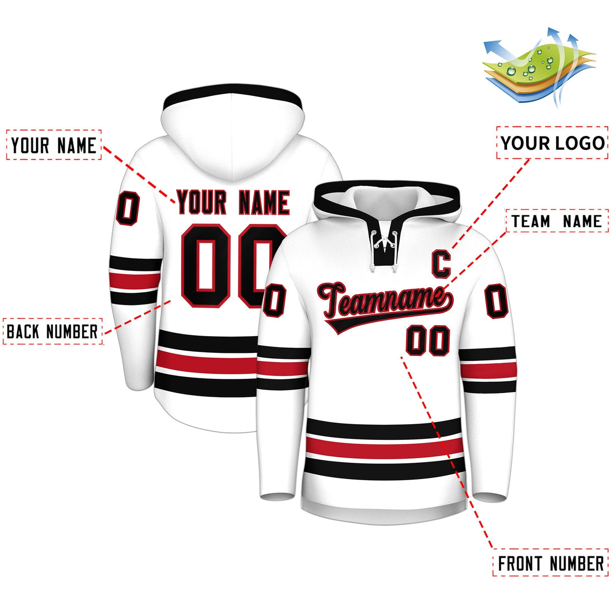 Custom Hockey Hoodie Jersey White Black Classic Style Add Name,Number&amp;Logo