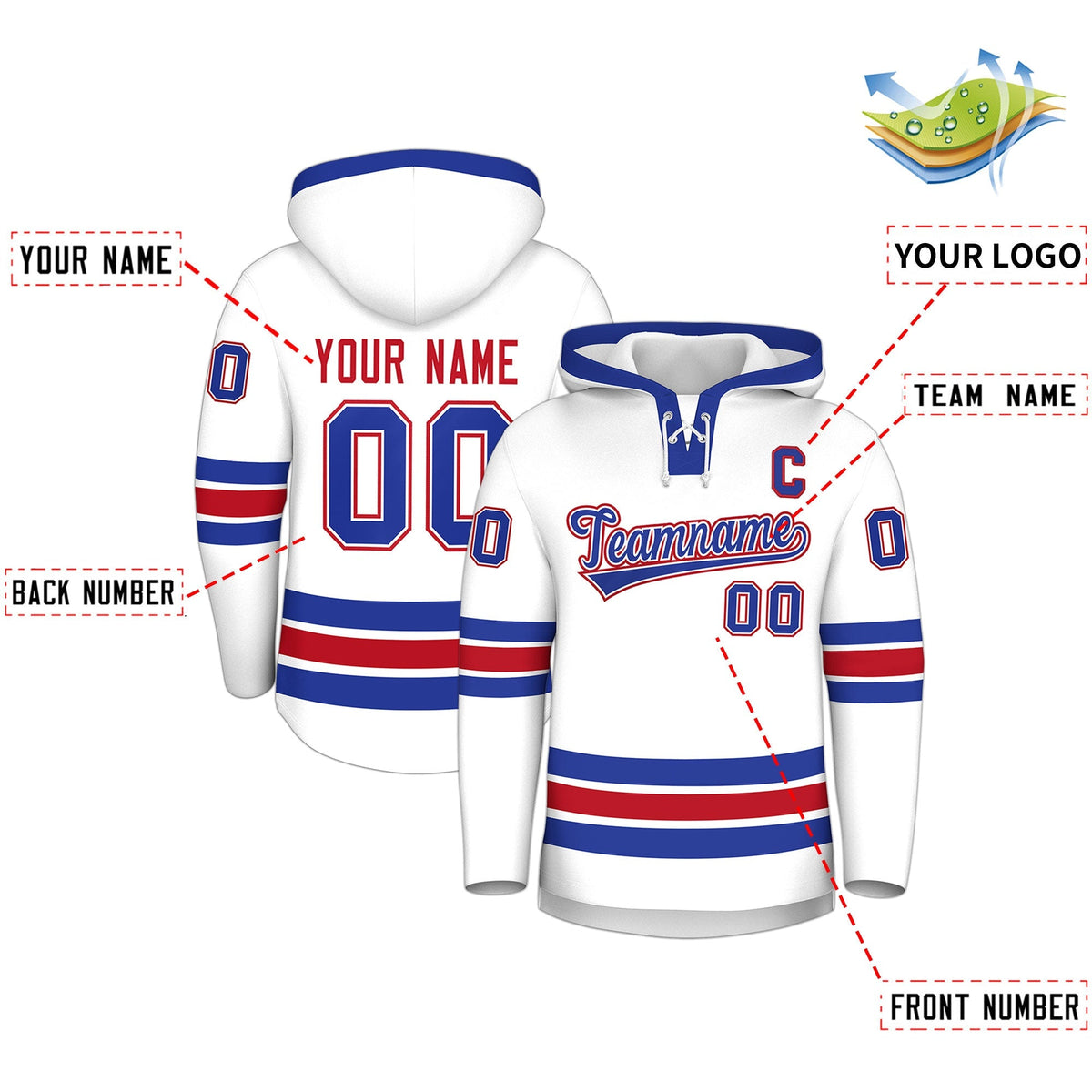 Custom Hockey Hoodie Jersey White Royal Blue Classic Style for Men&amp;Youth
