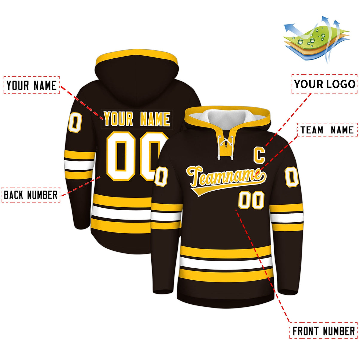 Custom Hockey Hoodie Jersey Brown Gold Classic Style Add Name,Number&amp;Logo