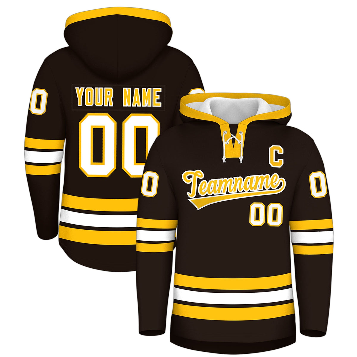 Custom Hockey Hoodie Jersey Brown Gold Classic Style Add Name,Number&amp;Logo