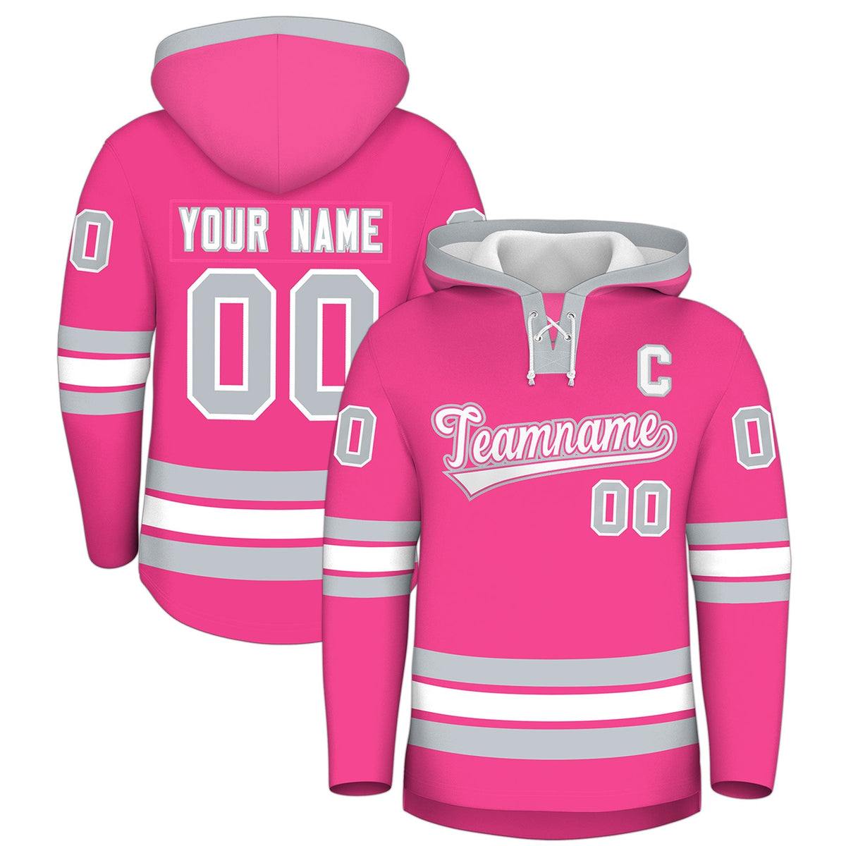 Custom Hockey Hoodie Jersey Pink Silver Classic Style Add Name,Number&amp;Logo