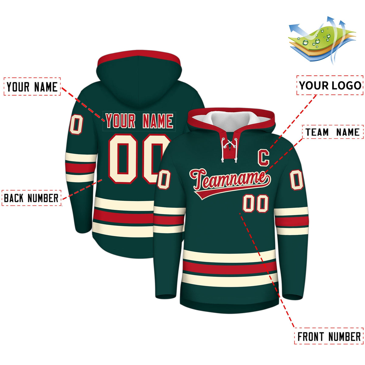 Custom Hockey Hoodie Jersey Midnight Green Red Classic Style Add Name,Number&amp;Logo