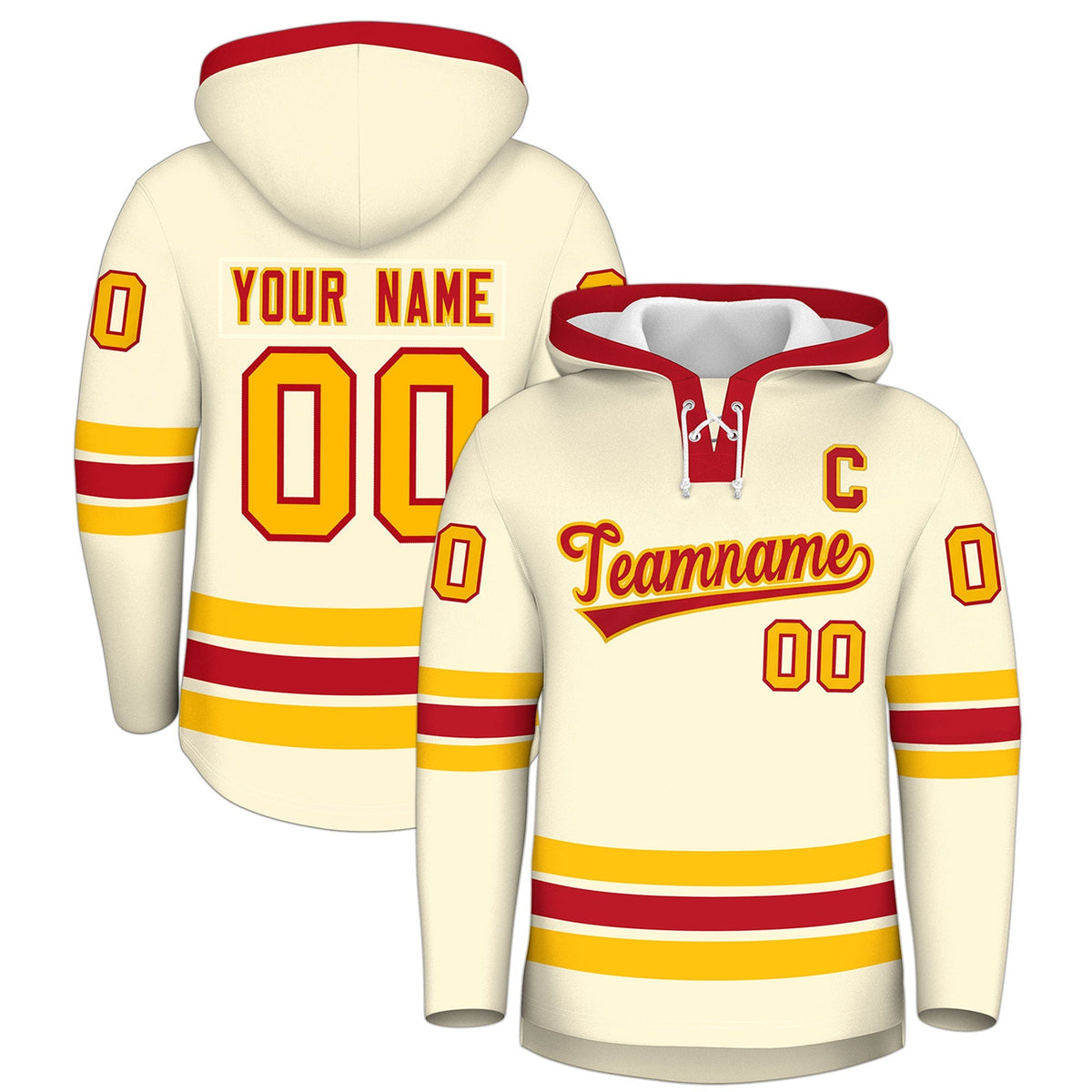 Custom Hockey Hoodie Jersey Cream Red Classic Style Add Name,Number&amp;Logo