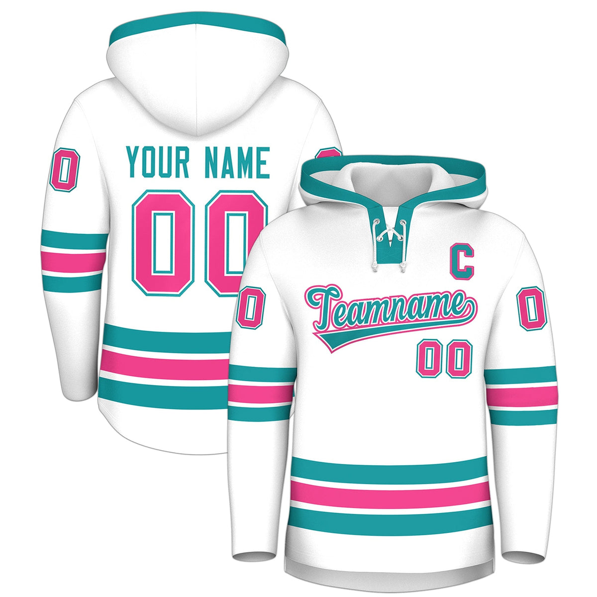 Custom Hockey Hoodie Jersey White Aqua Classic Style for Men&amp;Youth