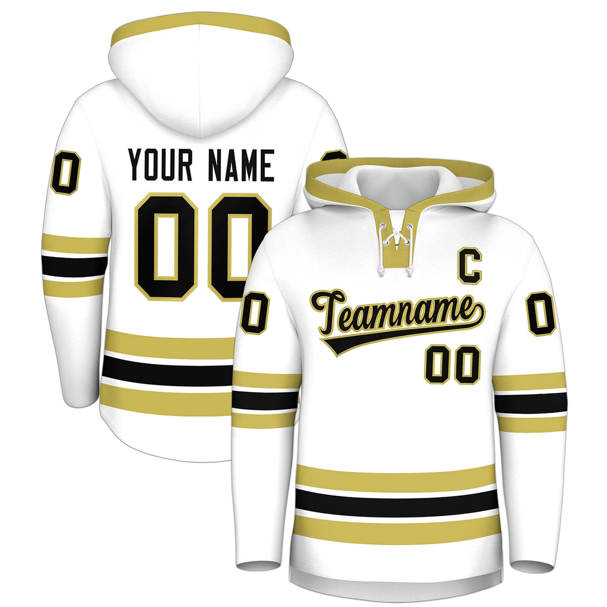 Custom Hockey Hoodie Jersey White Old Gold Classic Style Add Name,Number&amp;Logo