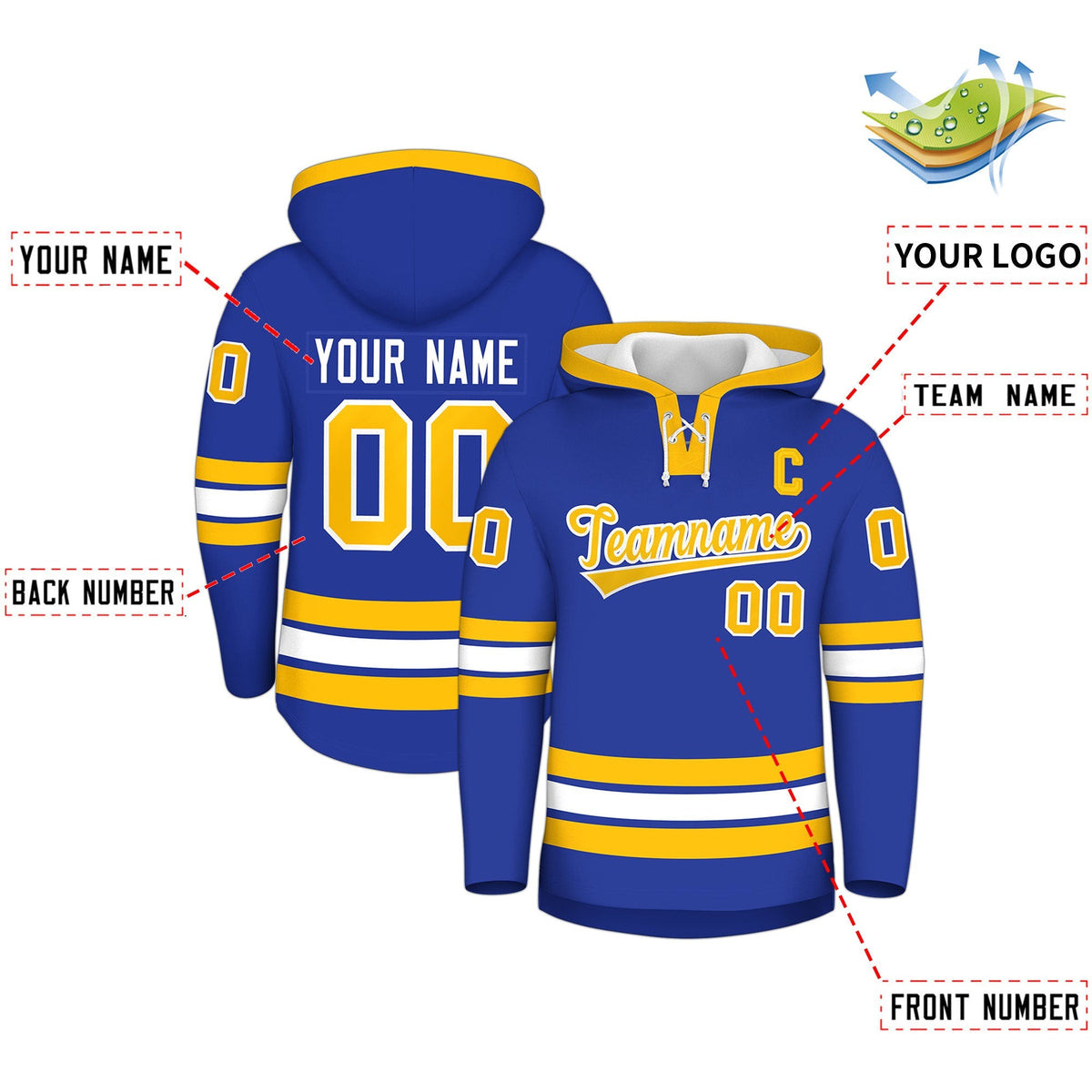 Custom Hockey Hoodie Jersey Royal Blue Gold Classic Style for Men&amp;Youth