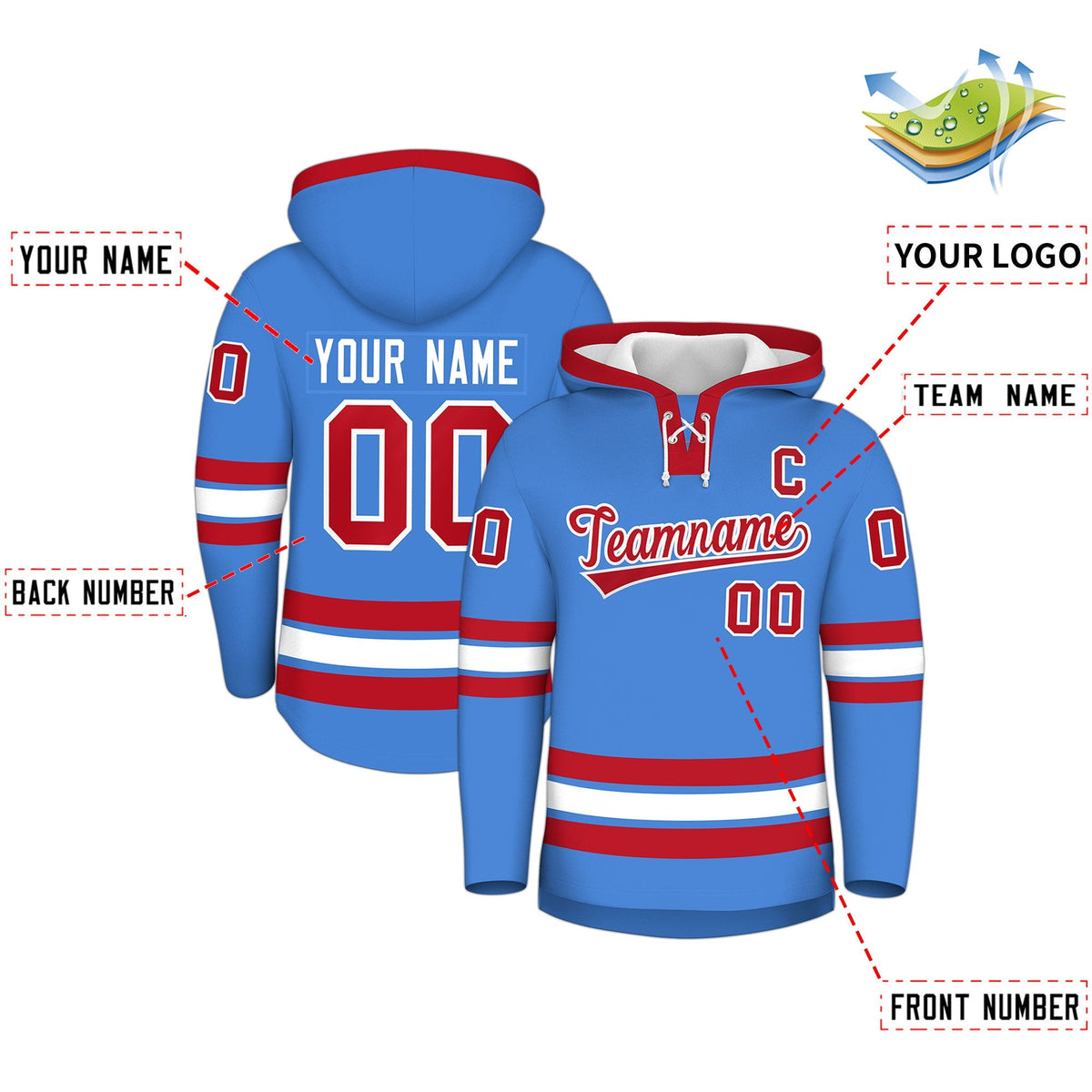 Custom Hockey Hoodie Jersey Powder Blue Red Classic Style for Men&amp;Youth