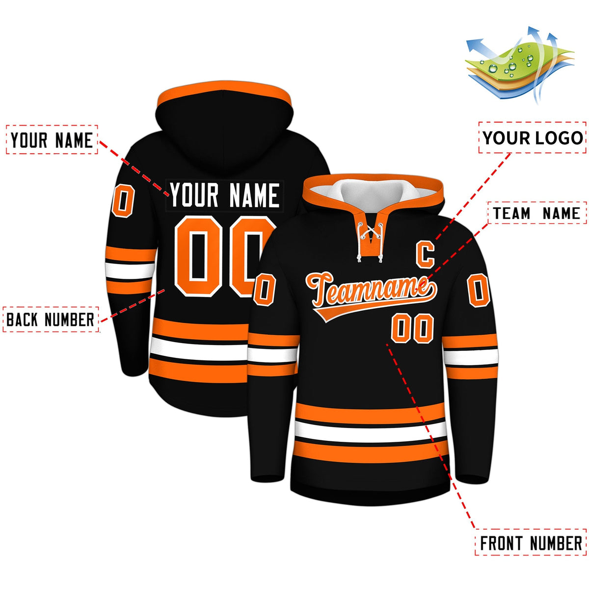 Custom Hockey Hoodie Jersey Black Orange Classic Style Add Name,Number&amp;Logo