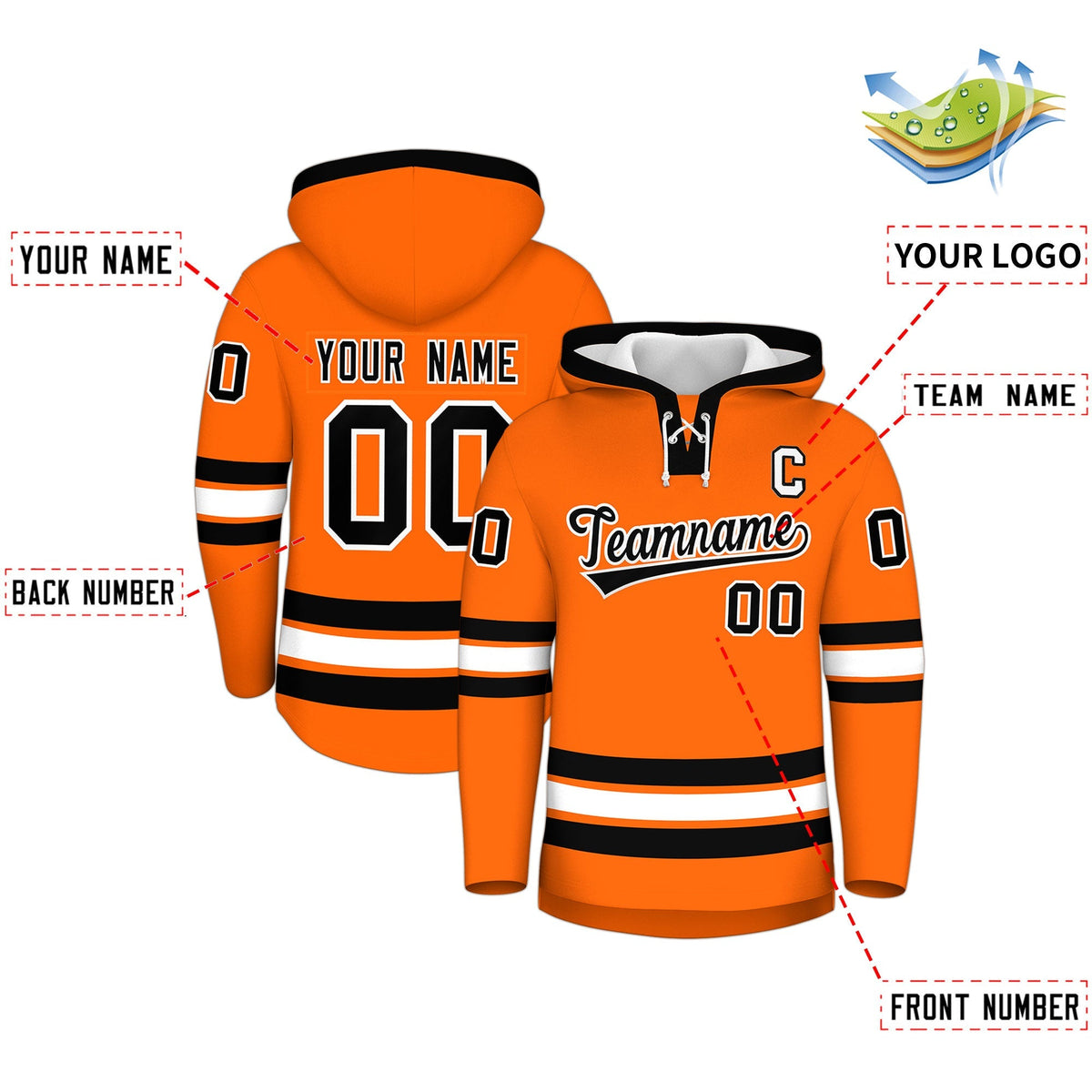 Custom Hockey Hoodie Jersey Orange Black Classic Style for Men&amp;Youth