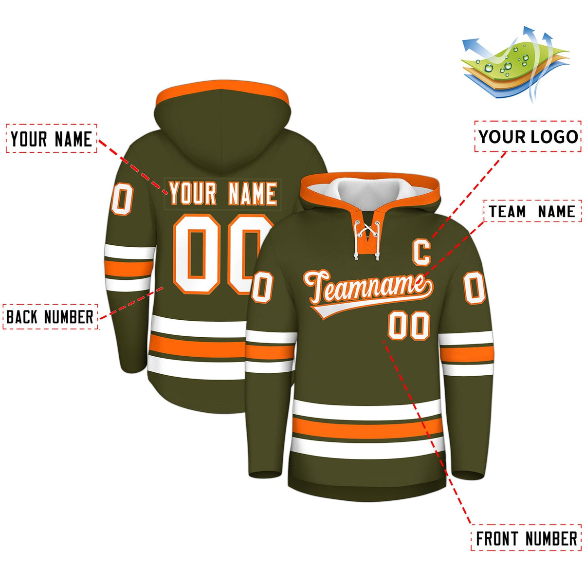Custom Hockey Hoodie Jersey Olive Orange Classic Style for Men&amp;Youth