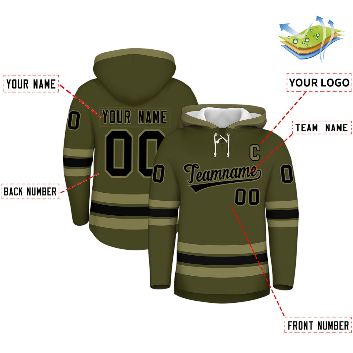 Custom Hockey Hoodie Jersey Olive Black Classic Style Add Name,Number&amp;Logo