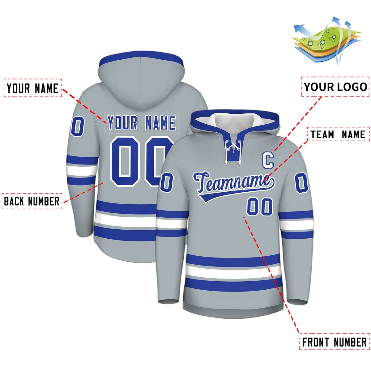 Custom Hockey Hoodie Jersey Silver Royal Blue Classic Style Add Name,Number&amp;Logo