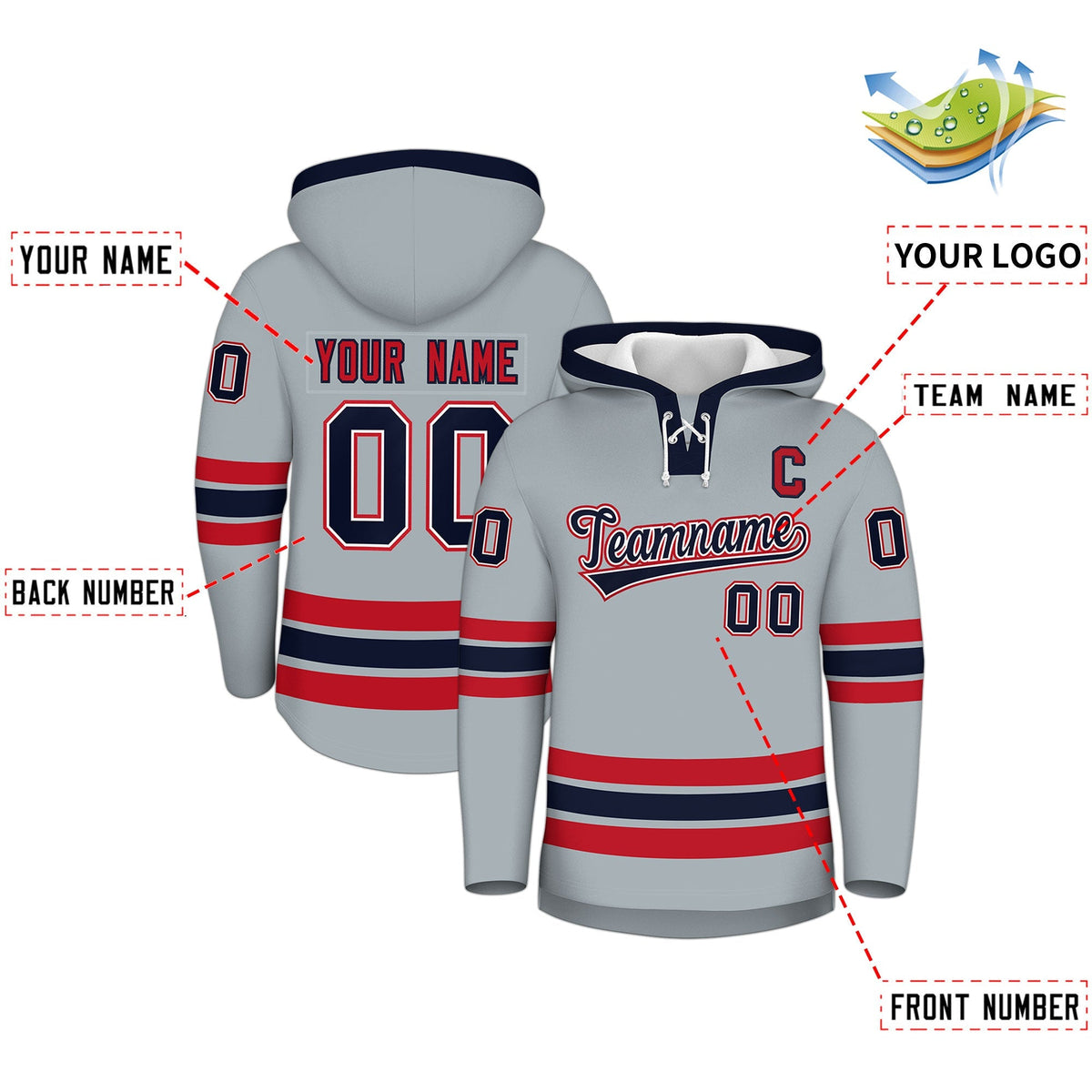 Custom Hockey Hoodie Jersey Silver Navy Classic Style Add Name,Number&amp;Logo