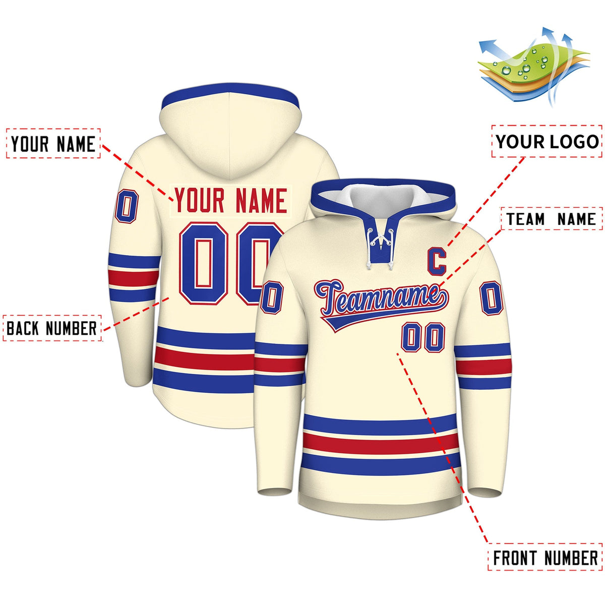 Custom Hockey Hoodie Jersey Cream Royal Blue Classic Style Add Name,Number&amp;Logo